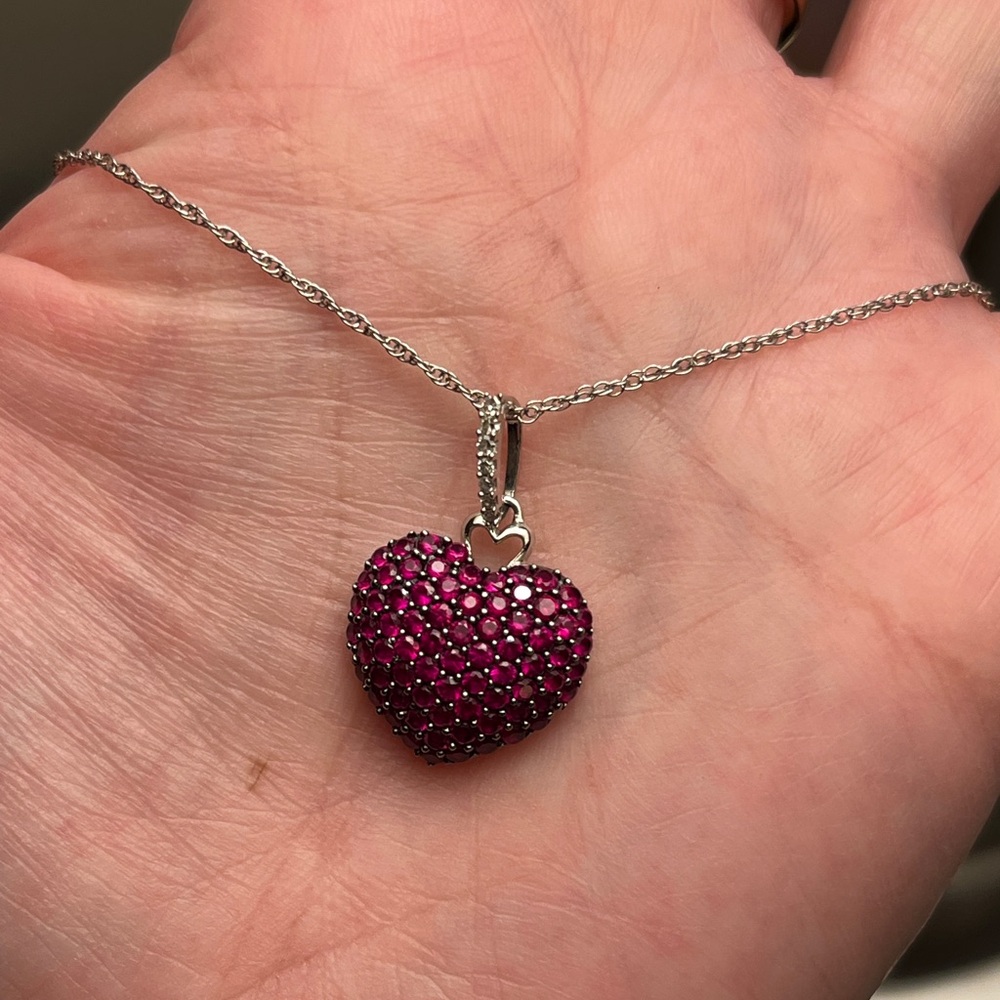 Solid 10K White Gold + Genuine Rubies & Diamonds 3D Heart pendant - Picture 6 of 10